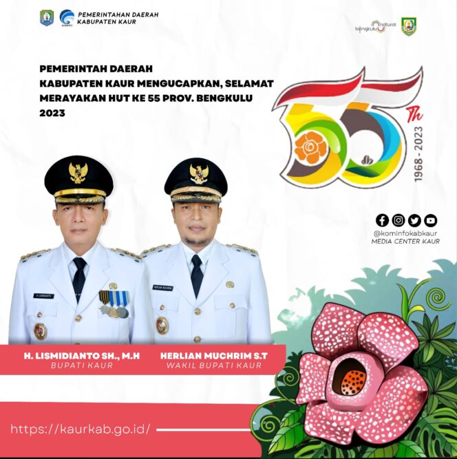 
 Pemerintah Daerah Kabupaten Kaur Mengucapkan “Selamat Hari Jadi Ke-55 Provinsi Bengkulu”
