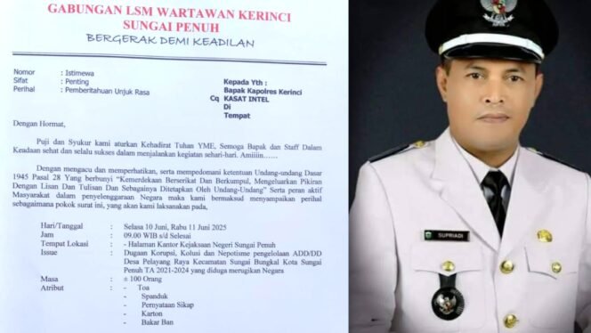 
Kades Pelayang Raya Diduga Korupsi, Gabungan LSM Dan Media Akan Gelar Aksi di Kejari Sungai Penuh