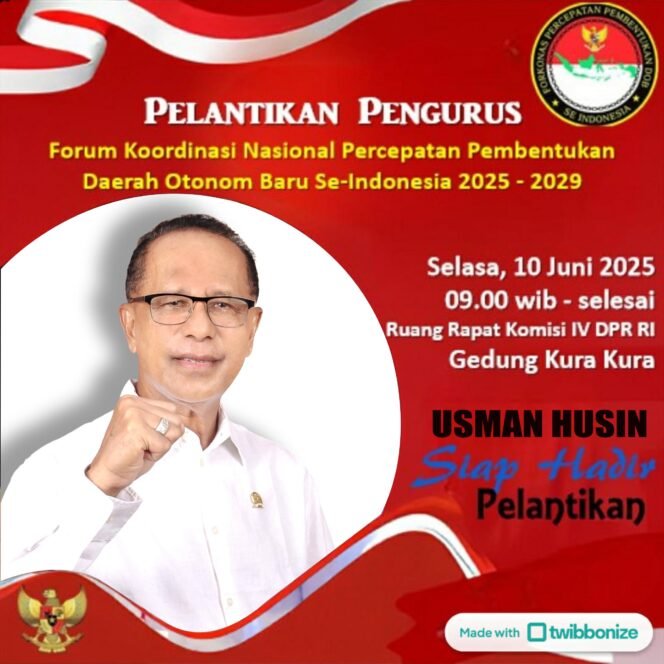 
Anggota DPR RI Usman Husin Hadir di Pelantikan Forum Koordinasi Nasional Percepatan Pembentukan Daerah Otonom Baru: Menuju Era Baru Otonomi Daerah