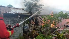 Petugas pemadam kebakaran bersama warga berjibaku memadamkan api agar tidak merembet ke rumah lainnya