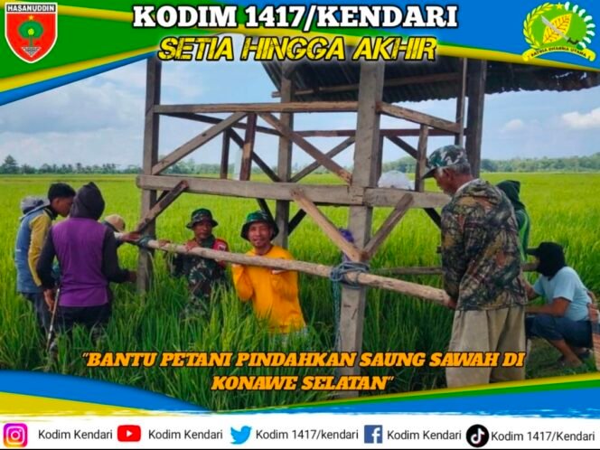 
Kemanunggalan TNI AD Dan Rakyat, Babinsa Koramil 1417-04/Lainea Bantu Petani Pindahkan Saung Sawah Di Desa Lerepako Konsel