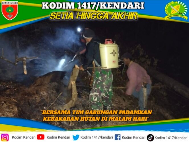 
Koramil 1417-06/Unaaha Bersama Tim Gabungan Padamkan Kebakaran Hutan hingga Malam