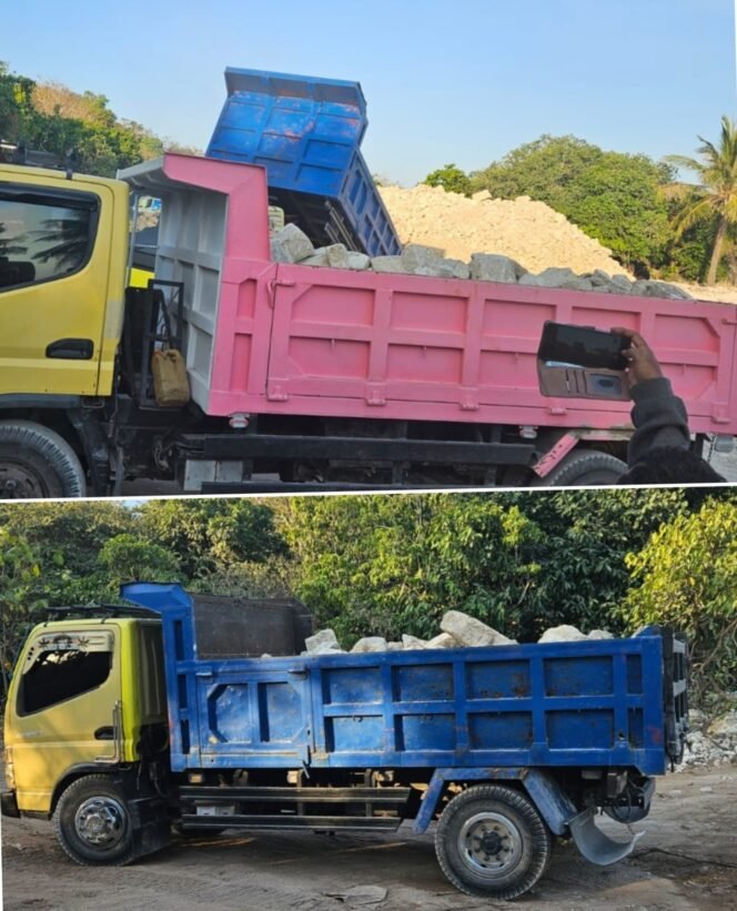 
“4 Dump Truck Antar Batu Masuk Hotel Nihi, Nama Kasat Reskrim Disebut sebagai Pemilik, Legalitas Dipertanyakan”.
