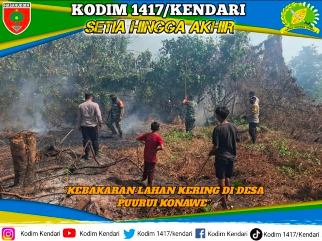 
TNI-Polri dan Warga Padamkan Kebakaran Lahan Kering di Konawe