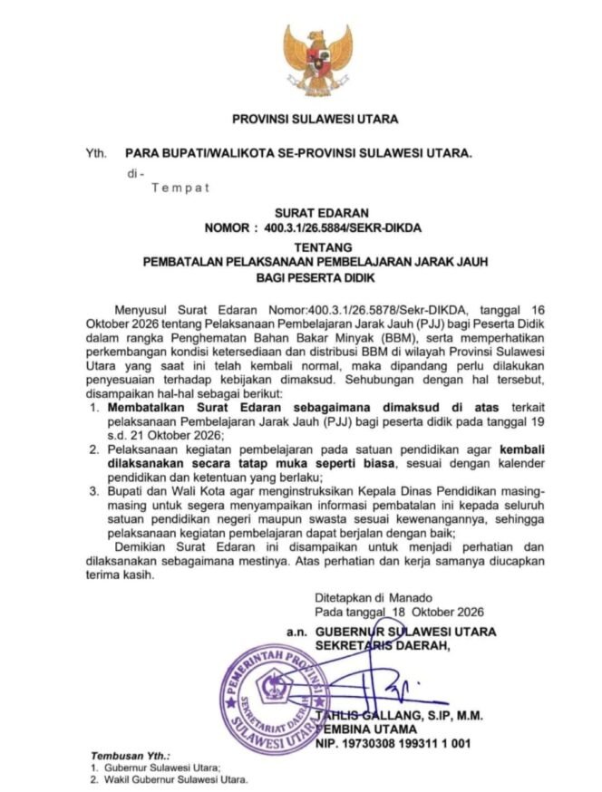 
Pemprov Sulut Batalkan PJJ 19-21 Oktober 2026, Sekolah Kembali Tatap Muka