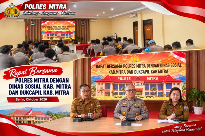 
PERCEPAT REGISTRASI PERLINSOS DAN PEMUTAKHIRAN DTSEN, POLRES MITRA GELAR PERTEMUAN BHABINKAMTIBMAS BERSAMA DINSOS DAN DUKCAPIL